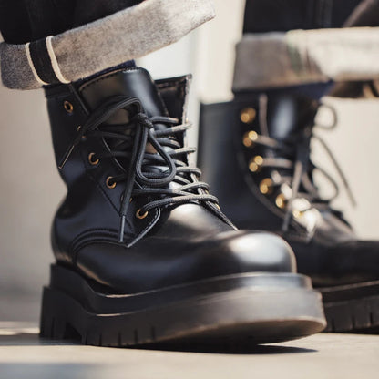 Maden Men's Handmade Cowboy Boots Black Motorcycle Boot British Split Leather TPR Sole Work Safety Boot Mid Outside Shoes BLACKBEARD OUTDOOR INDUSTRIES