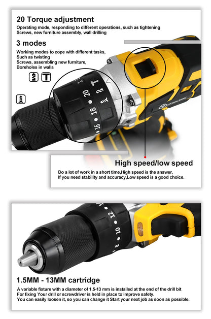 OToolsion 20V 13MM Perceuse sans fil à moteur Brushless – Visseuse à impact pour béton BLACKBEARD OUTDOOR INDUSTRIES