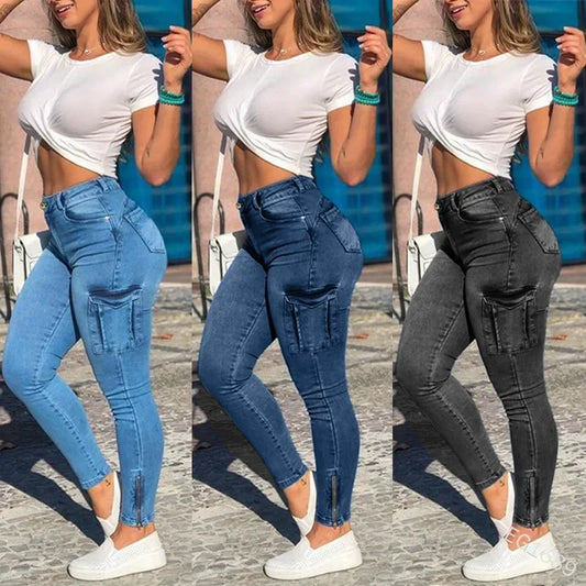 Jean Femme Slim Fit Style Cargo – Taille Haute, Effet Délavé, Fermeture Zippée - BLACKBEARD OUTDOOR INDUSTRIES