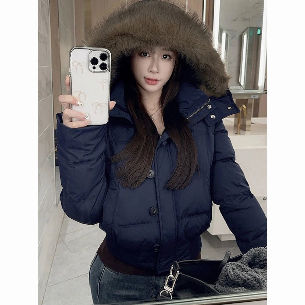 Doudoune femme à capuche et col en fausse fourrure, zippée