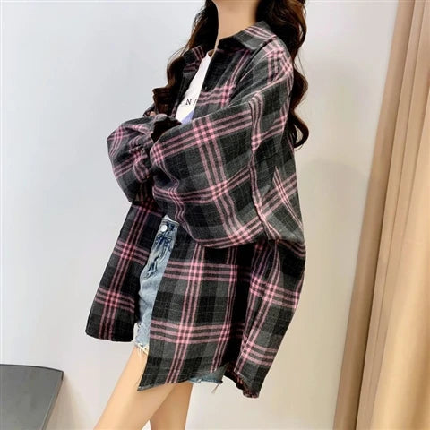 Chemise à Carreaux Femme Manches Longues – Coupe Loose Vintage Preppy Style