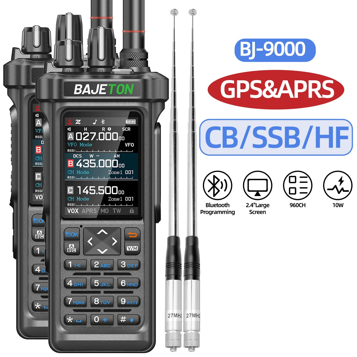 BAJETON BJ-9000 – talkie-walkie APRS GPS 10W, VHF/UHF & CB 27 MHz, récepteur AM/FM/SSB, programmation Bluetooth, USB‑C, triple veille - BLACKBEARD OUTDOOR INDUSTRIES