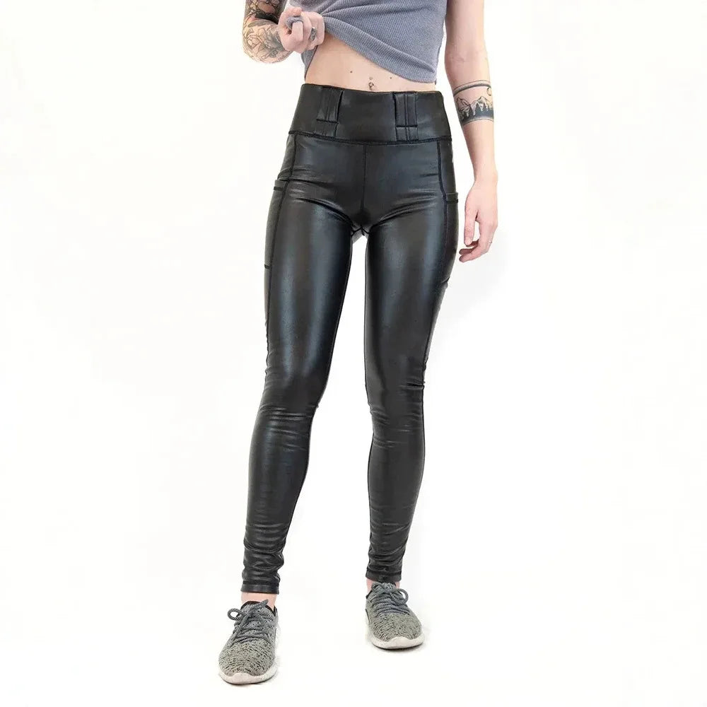 Legging Tactique Simili Cuir Femme Taille Haute – 2 Poches, Compatible Holster & Ceinturon
