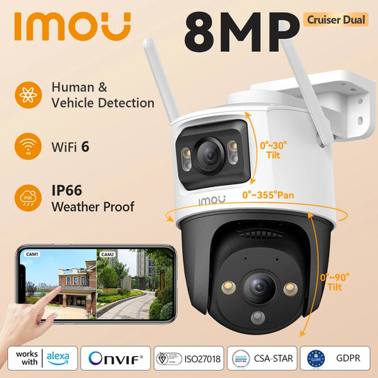 Caméra de Surveillance Extérieure Wi-Fi IMOU Cruiser Dual 8MP – Double Objectif – Détection IA Humain/Véhicule – Vision Nocturne Couleur – PTZ – IP66 Ma boutique