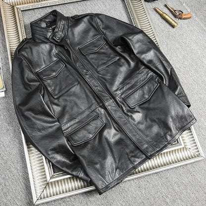 M65 Hunting100% Genuine Leather Jacket Men Cowhide Mid-length Multiple Pockets Coat Winter Autumn Windproof Motorcycle Outwear BLACKBEARD OUTDOOR INDUSTRIES