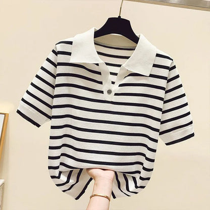 T-shirt Polo Rayé Femme – Col Boutonné, Manches Courtes, Coupe Loose | S à XXXL
