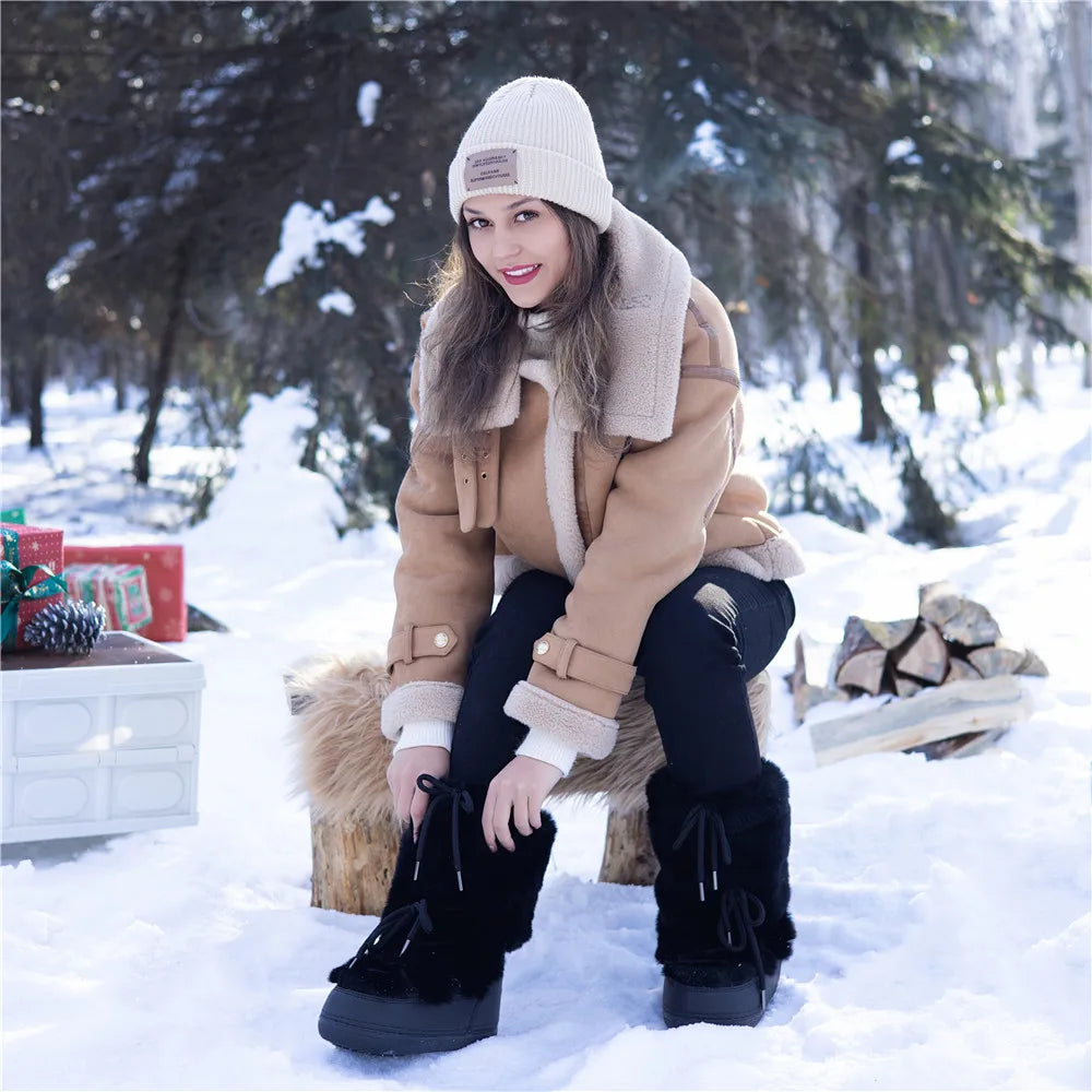 2025 Winter Snow Boots Women Ski Boots Luxury Fluffy Furry Fur Boots Female Rivets Warm Waterproof Platform Black Cotton Boots BLACKBEARD OUTDOOR INDUSTRIES