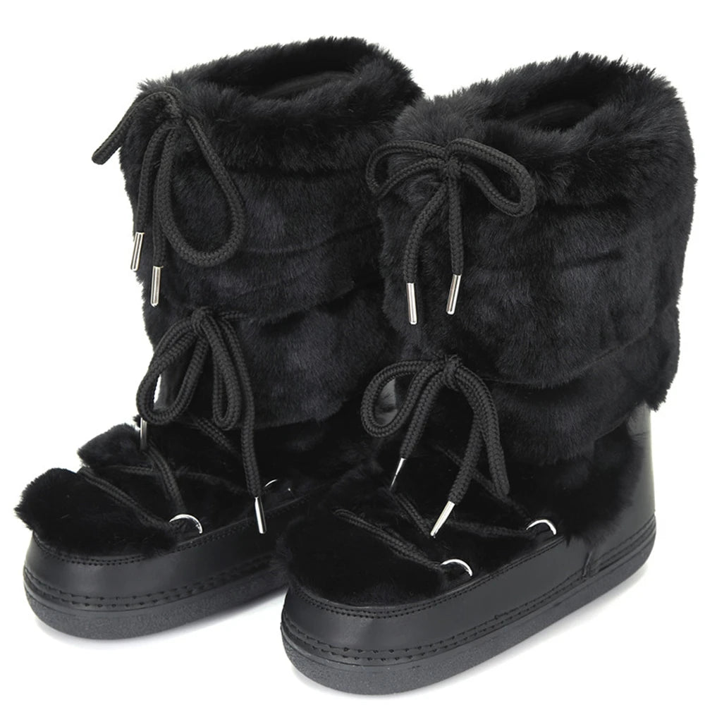2025 Winter Snow Boots Women Ski Boots Luxury Fluffy Furry Fur Boots Female Rivets Warm Waterproof Platform Black Cotton Boots BLACKBEARD OUTDOOR INDUSTRIES