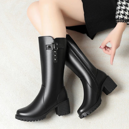Bottes montantes femme en cuir véritable à talon carré