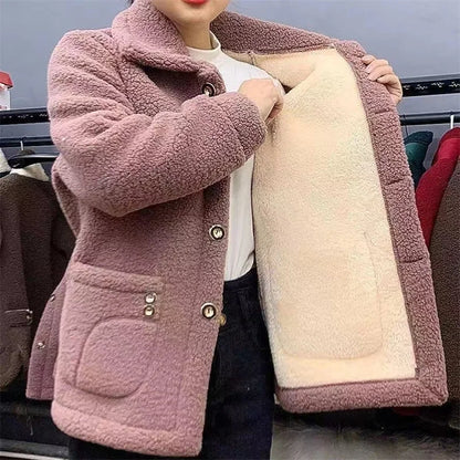 Manteau Femme Hiver Fausse Fourrure Agneau – Bouton Simple Col Rabattu Poches Chaud