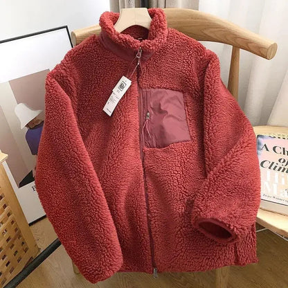 Autumn and Winter Japanese Men's and Women's Fleece Stand Neck Jacket Couple Zipper Loose Warm Lamb Wool Coat Solid Color Jacket BLACKBEARD OUTDOOR INDUSTRIES