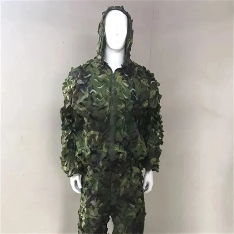 Combinaison Ghillie 3D Feuilles – Veste + Pantalon, Polyester Mesh, Chasse Airsoft Woodland