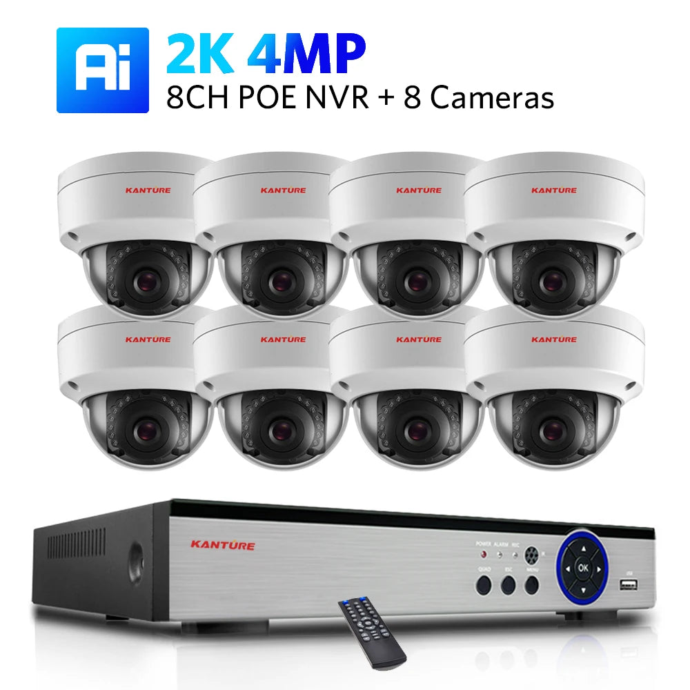 Kit NVR POE 4K/2K 4 ou 8 Canaux + Caméras IP H.265 – Détection IA Visage/Corps/Mouvement, Vision Nocturne IR 20m, IP66, Audio, CE/FCC
