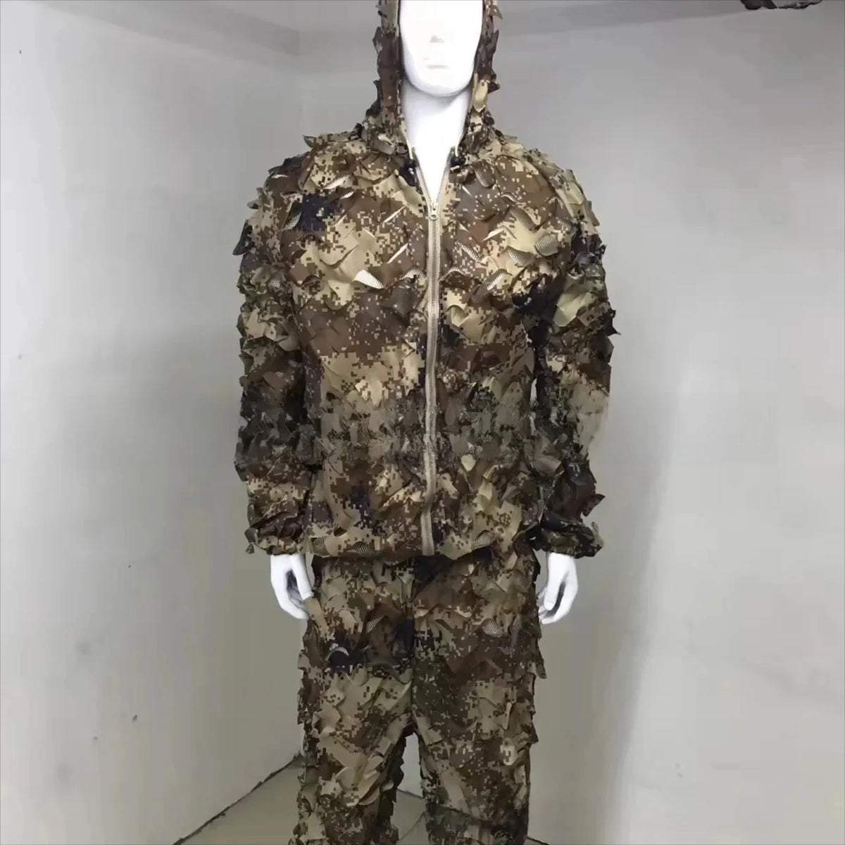 Combinaison Ghillie 3D Feuilles – Veste + Pantalon, Polyester Mesh, Chasse Airsoft Woodland