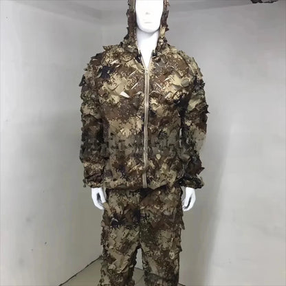 Combinaison Ghillie 3D Feuilles – Veste + Pantalon, Polyester Mesh, Chasse Airsoft Woodland