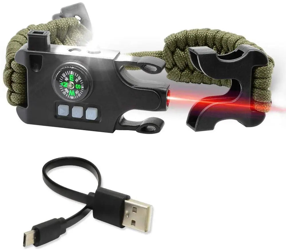 Bracelet de Survie Tactique 8-en-1 Paracorde 550 – SOS LED Laser UV Boussole