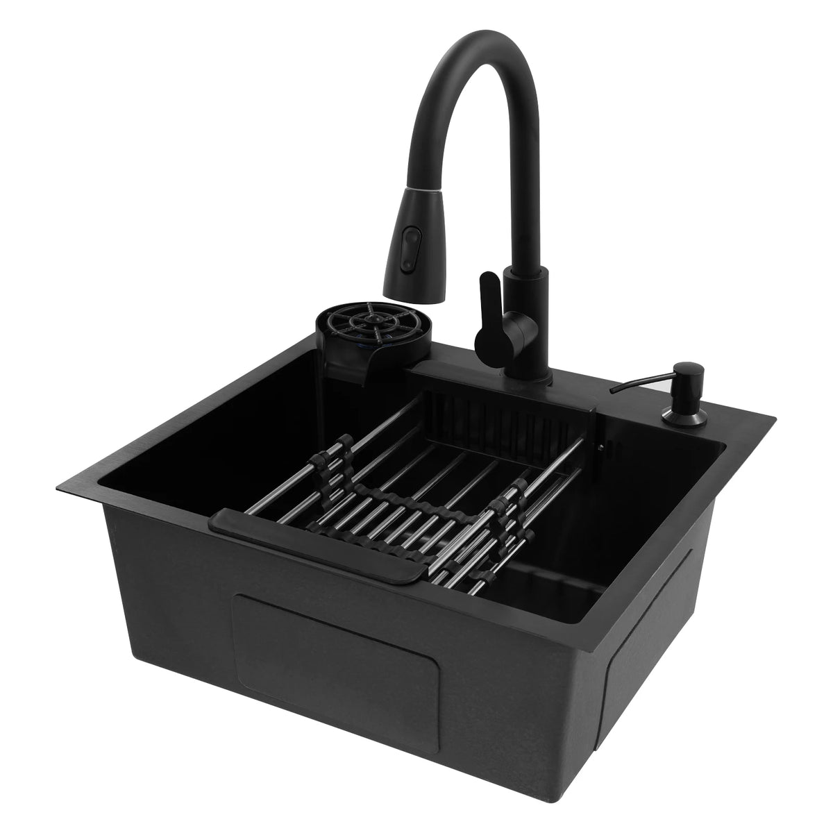 Évier Cuisine Inox 201 Noir Nano – Robinet Rétractable, Rince-Tasse, Panier Égouttoir & Distributeur Savon | 45x40 / 50x45 / 60x45 cm