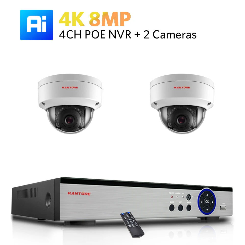 Kit NVR POE 4K/2K 4 ou 8 Canaux + Caméras IP H.265 – Détection IA Visage/Corps/Mouvement, Vision Nocturne IR 20m, IP66, Audio, CE/FCC