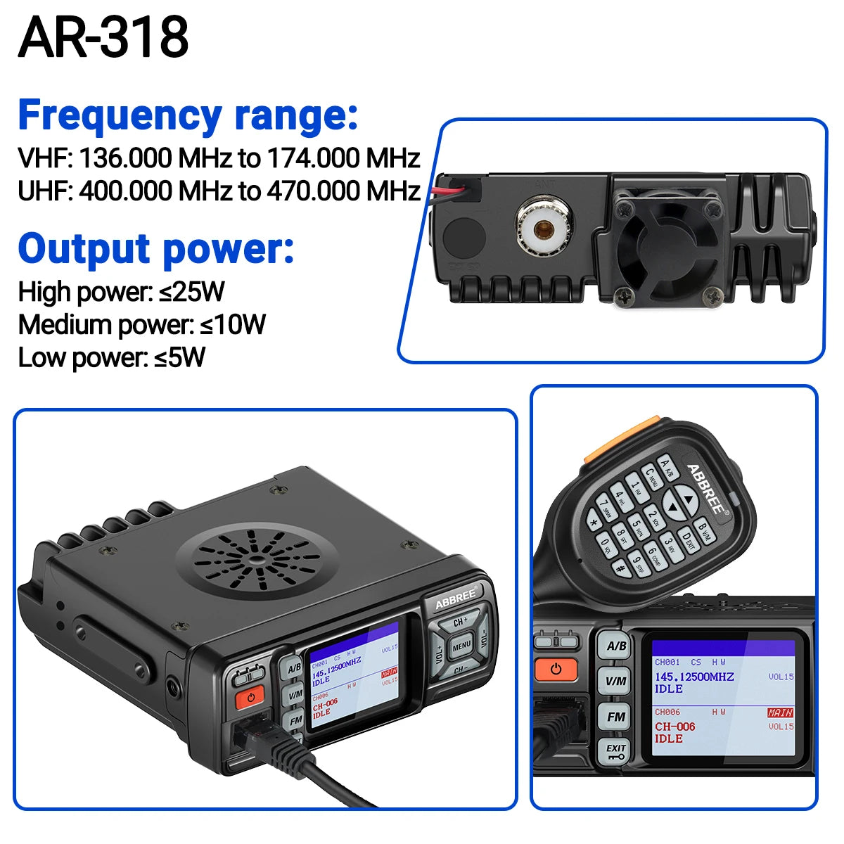 ABBREE AR-318 / AR-218 – Radio Mobile Portable VHF/UHF Double Bande 25W 128 Canaux - BLACKBEARD OUTDOOR INDUSTRIES