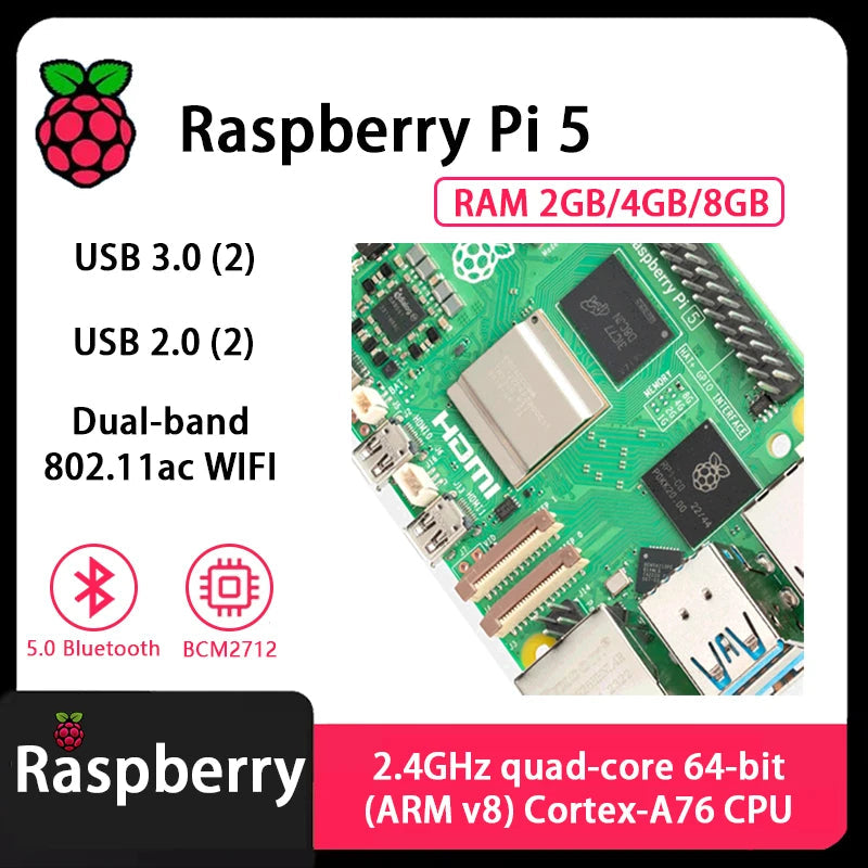 Carte officielle Raspberry Pi 5 – Processeur Cortex-A76 | Linux | RAM 2Go / 4Go / 8Go | Programmation Python | PCIe | Ethernet Gigabit | USB 3.0 Ma boutique