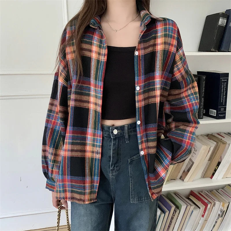 Chemise à Carreaux Femme Manches Longues – Coupe Loose Vintage Preppy Style
