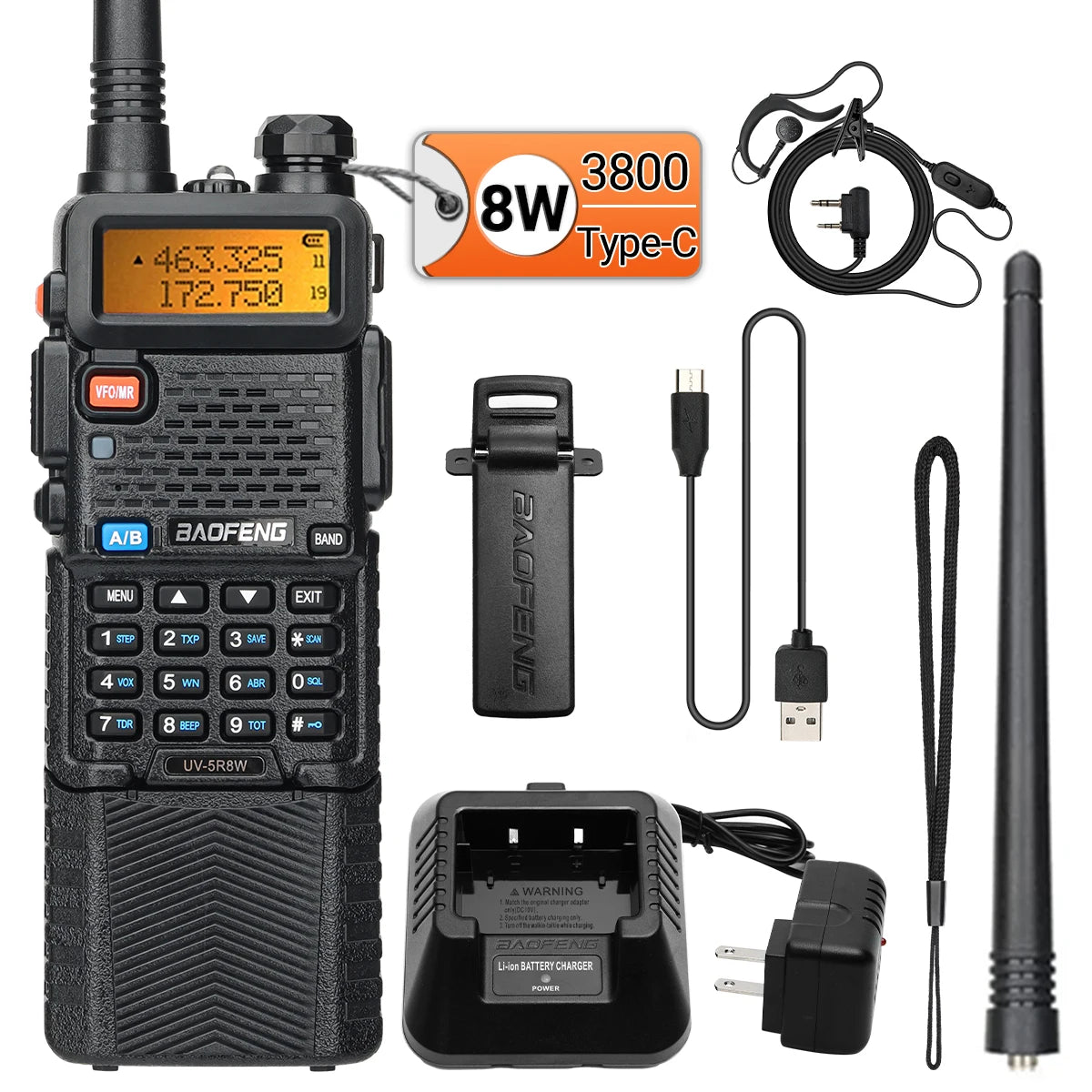 Baofeng UV-5R 8W – Talkie-Walkie Bi-Bande VHF/UHF, Batterie 3800mAh, Charge Type-C - BLACKBEARD OUTDOOR INDUSTRIES