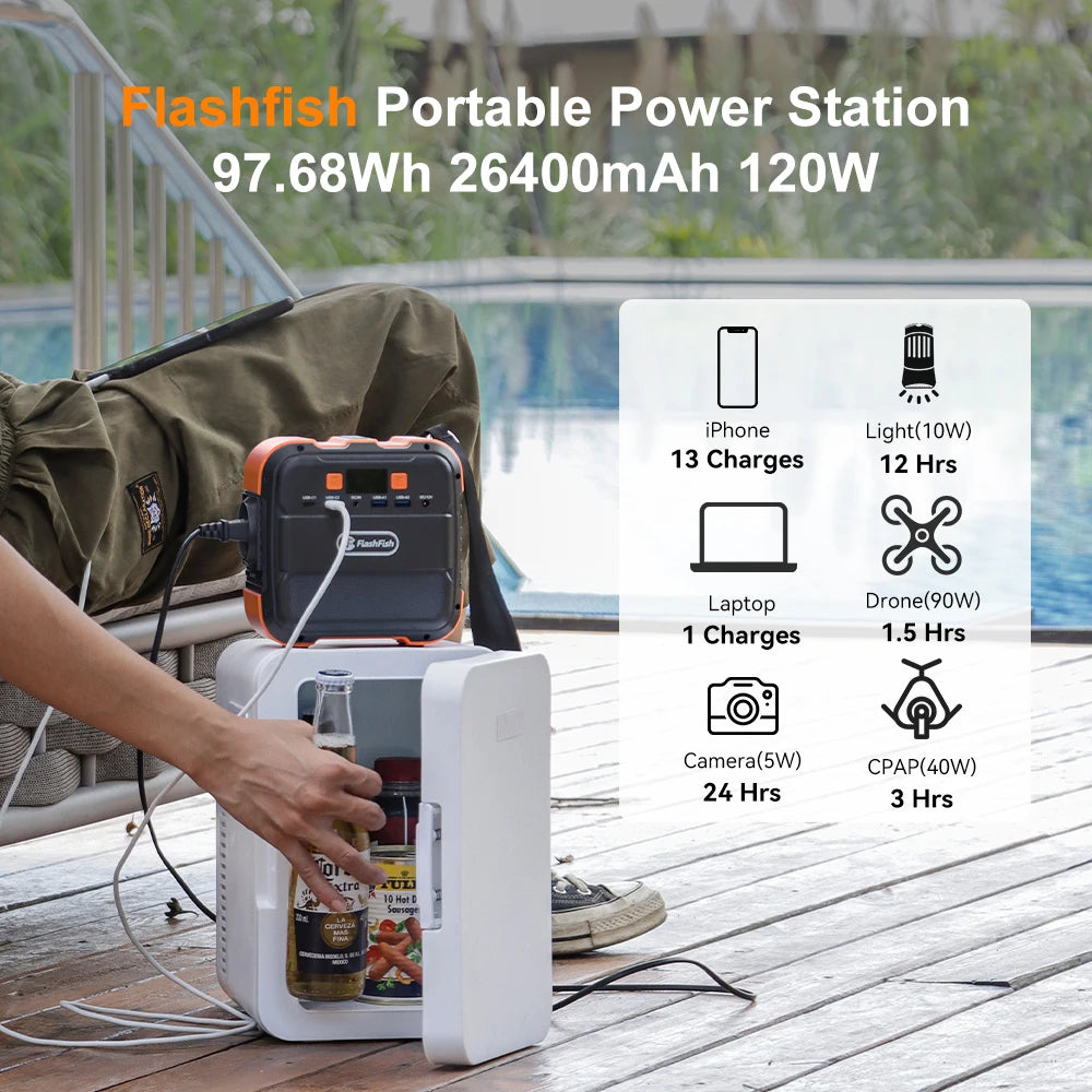 Station d'énergie solaire portable FF Flashfish A101 230V Mini 120W avec panneau solaire 60W et batterie 97,68Wh - BLACKBEARD OUTDOOR INDUSTRIES