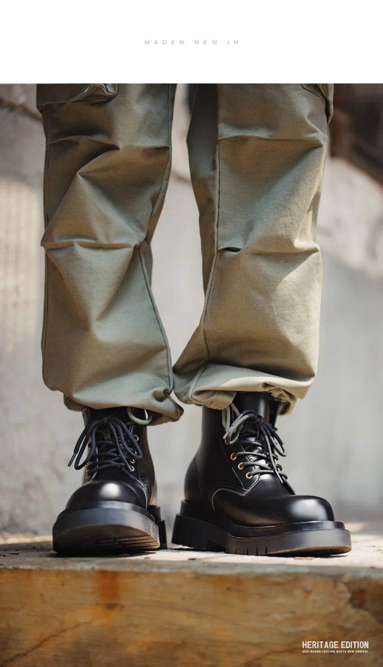 Maden Men's Handmade Cowboy Boots Black Motorcycle Boot British Split Leather TPR Sole Work Safety Boot Mid Outside Shoes BLACKBEARD OUTDOOR INDUSTRIES