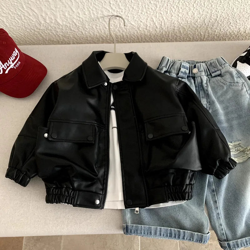 Veste en Cuir Enfant Style Coréen – Blouson Casual Unisexe Printemps