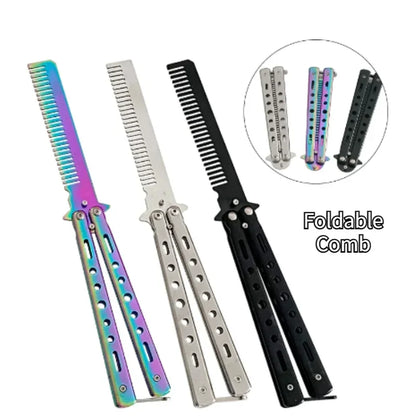 Peigne Couteau Papillon Acier Inox – Style Balisong, Coiffure & Barbe, 22 cm
