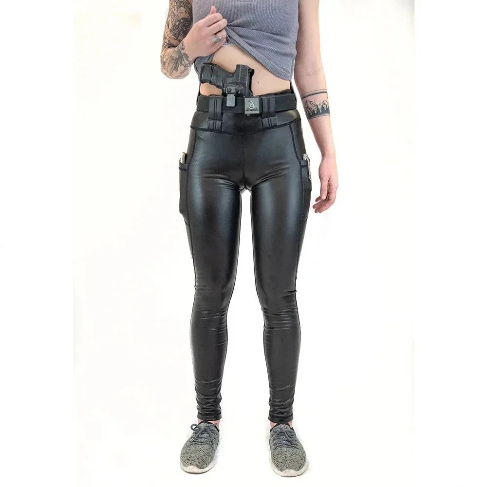 Legging Tactique Simili Cuir Femme Taille Haute – 2 Poches, Compatible Holster & Ceinturon