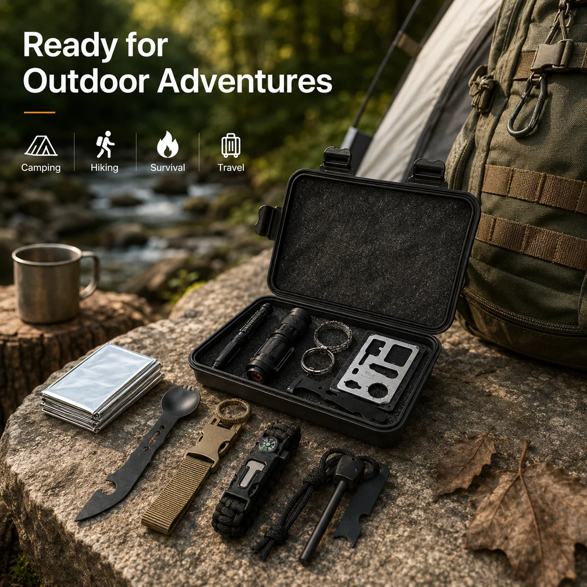 Kit de Survie Outdoor Complet – Couverture de Survie, Boussole, Allume-Feu, Bracelet Paracorde | Camping & Urgence