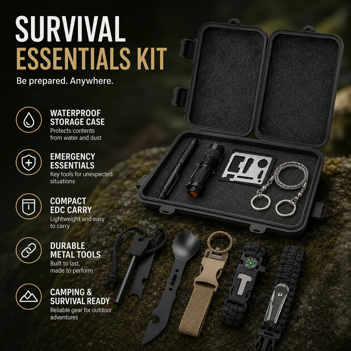 Kit de Survie Outdoor Complet – Couverture de Survie, Boussole, Allume-Feu, Bracelet Paracorde | Camping & Urgence
