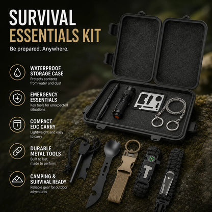 Kit de Survie Outdoor Complet – Couverture de Survie, Boussole, Allume-Feu, Bracelet Paracorde | Camping & Urgence