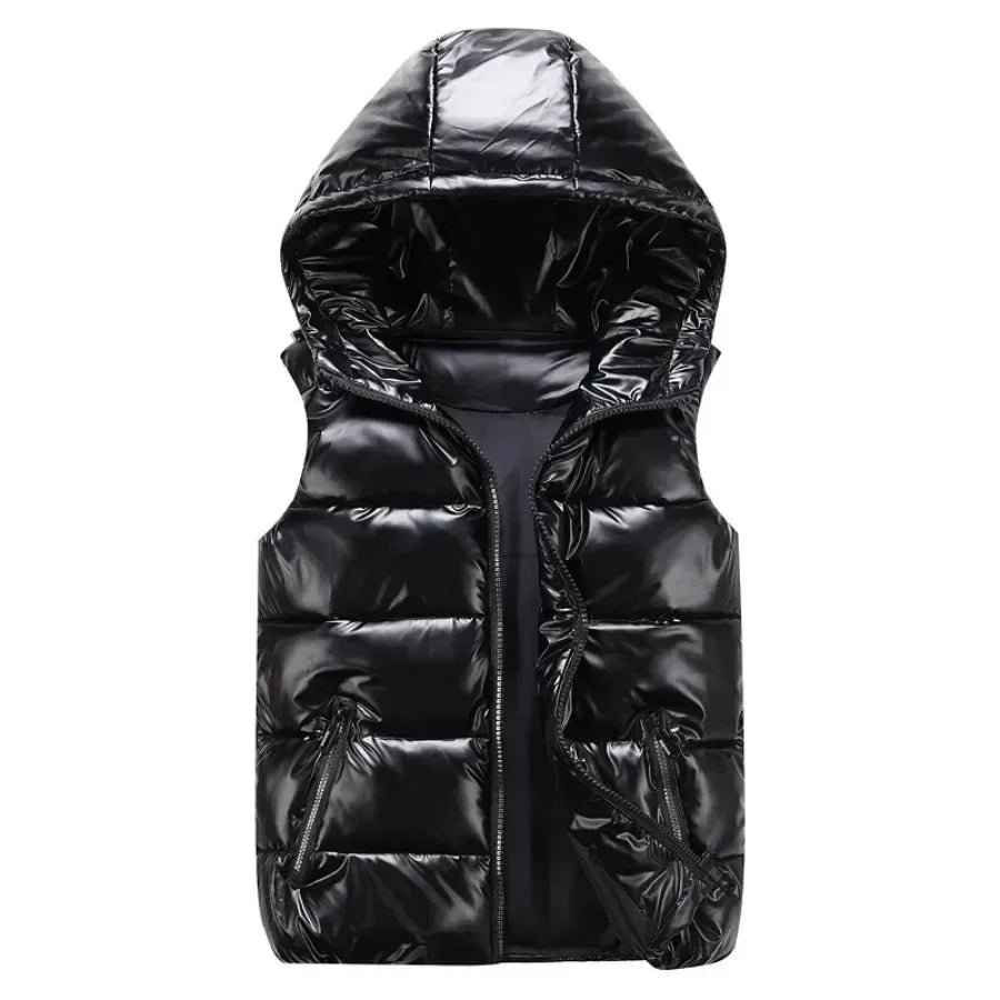 Gilet sans manches matelassé brillant à capuche