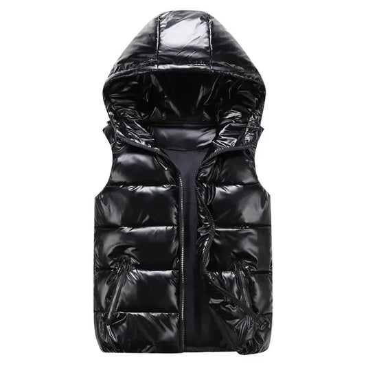 Gilet sans manches matelassé brillant à capuche