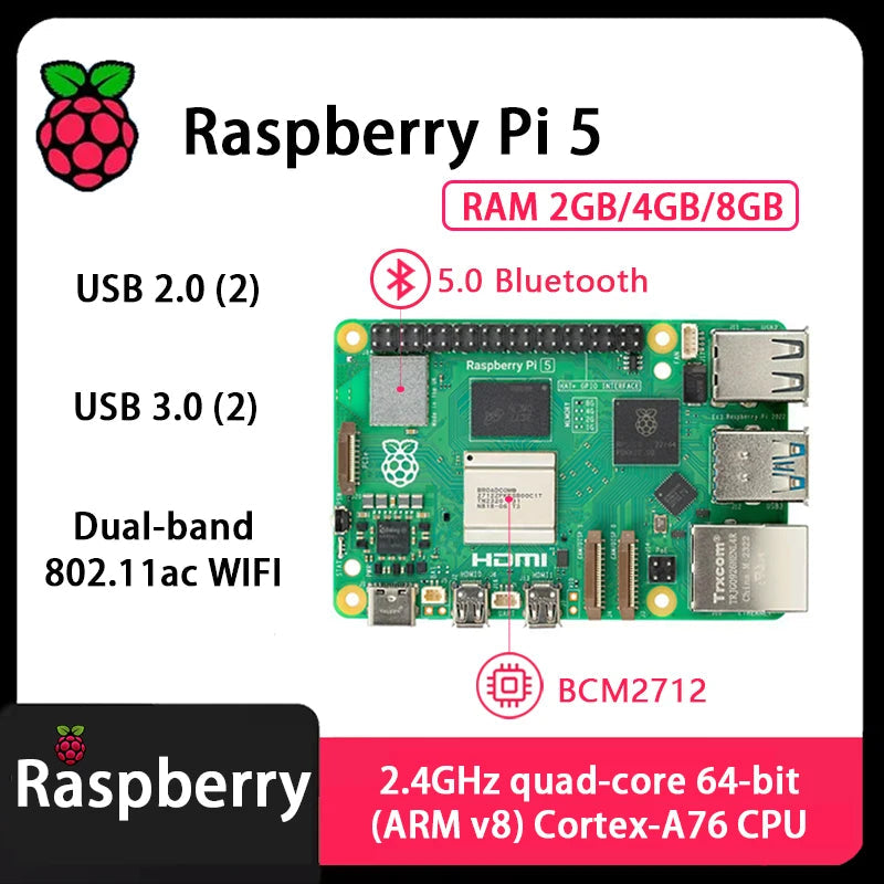 Carte officielle Raspberry Pi 5 – Processeur Cortex-A76 | Linux | RAM 2Go / 4Go / 8Go | Programmation Python | PCIe | Ethernet Gigabit | USB 3.0 Ma boutique