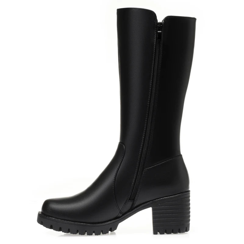 Bottes montantes femme en cuir véritable à talon carré