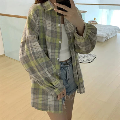 Chemise à Carreaux Femme Manches Longues – Coupe Loose Vintage Preppy Style