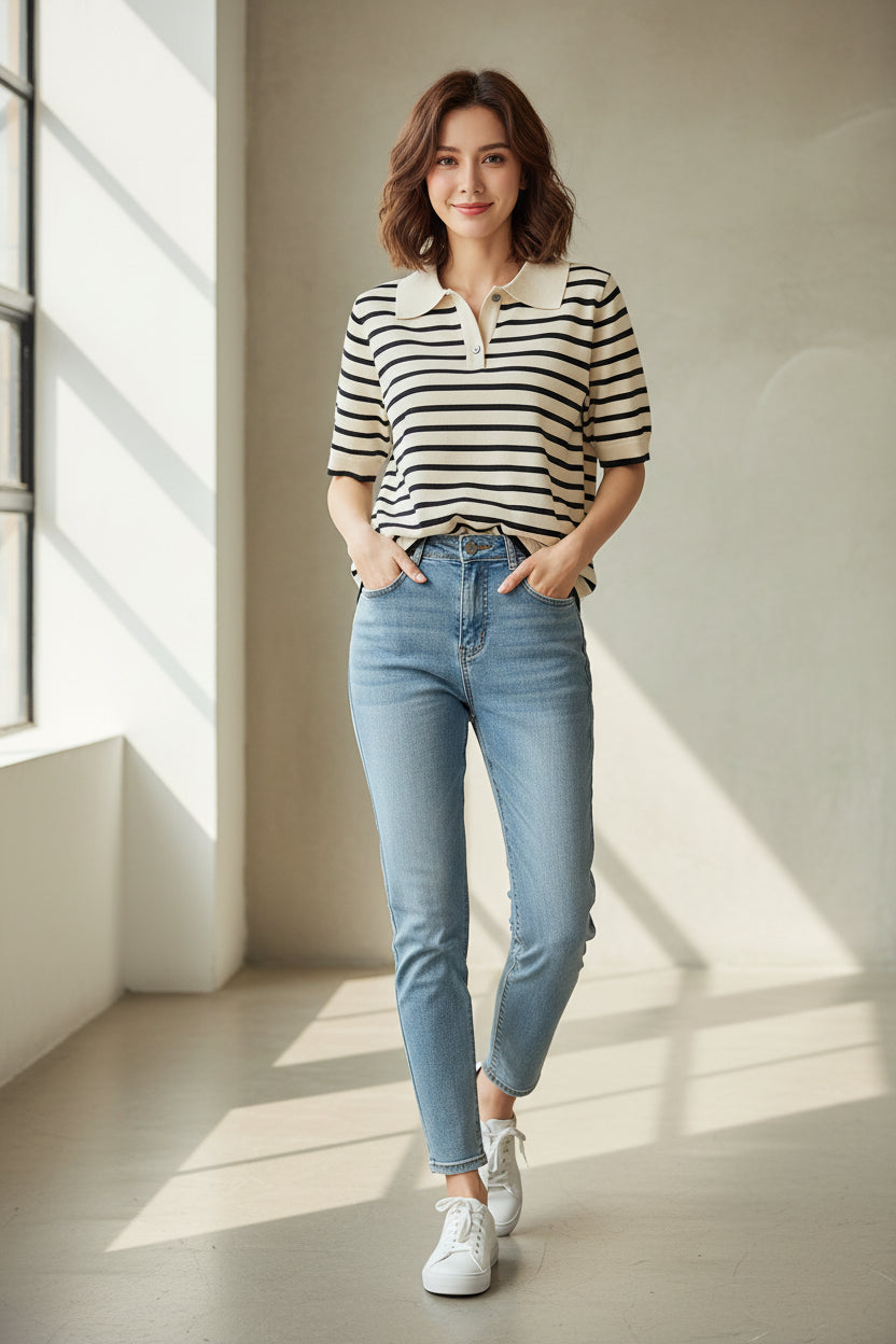 T-shirt Polo Rayé Femme – Col Boutonné, Manches Courtes, Coupe Loose | S à XXXL