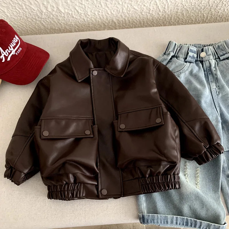 Veste en Cuir Enfant Style Coréen – Blouson Casual Unisexe Printemps