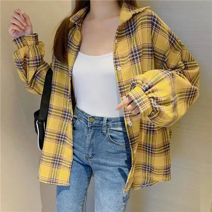 Chemise à Carreaux Femme Manches Longues – Coupe Loose Vintage Preppy Style
