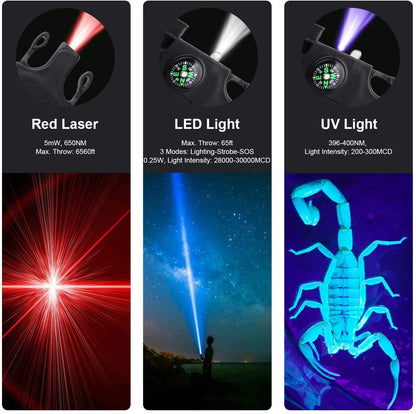 Bracelet de Survie Tactique 8-en-1 Paracorde 550 – SOS LED Laser UV Boussole