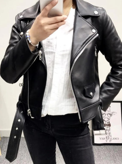 Blouson Biker Femme Noir en Similicuir - Court, Coupe Ajustée avec Ceinture