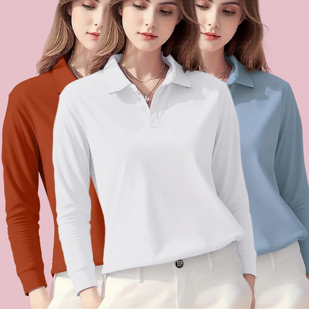 Polo Femme Manches Longues – Coupe Loose Casual, Matière Polyester Anti-Boulochage, Disponible en 5 Coloris
