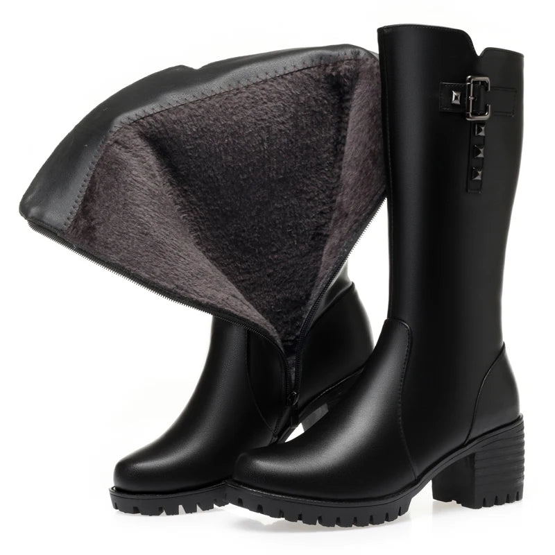 Bottes montantes femme en cuir véritable à talon carré