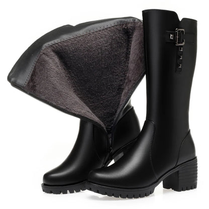 Bottes montantes femme en cuir véritable à talon carré
