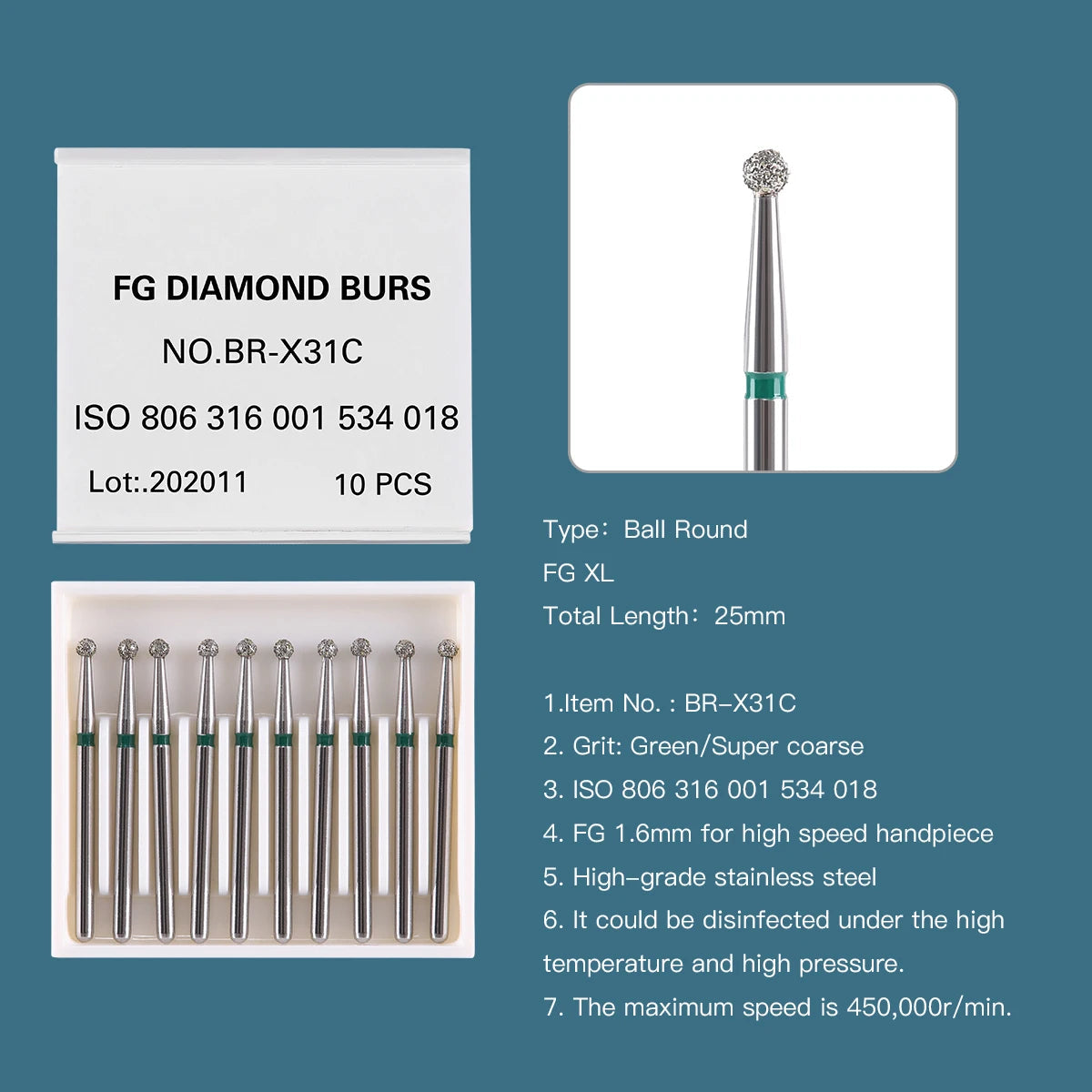 AZDENT 10 pcs Fraises Diamantées Dentaires – Type Boule FG 1,6 mm, 25 mm pour Turbine Haute Vitesse Ma boutique