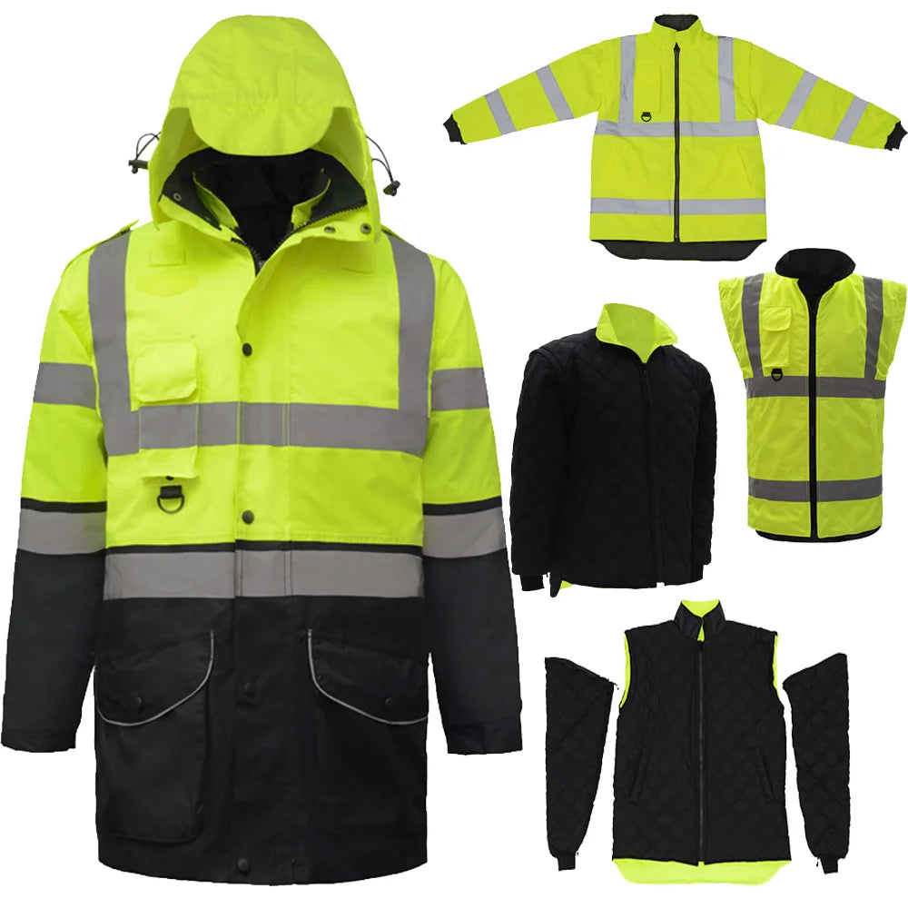 Veste de Sécurité Haute Visibilité EN471 ANSI/SEA 107 7-en-1 - Parka Imperméable et Coupe-Vent, Vêtement de Travail Réfléchissant, Manteau de Pluie Chaud et Résistant - BLACKBEARD OUTDOOR INDUSTRIES