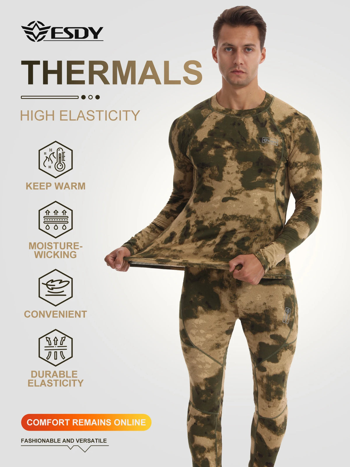 Ensemble Thermique Compression Homme – Sous-vêtement Tactique Camouflage Chasse Ski Montagne
